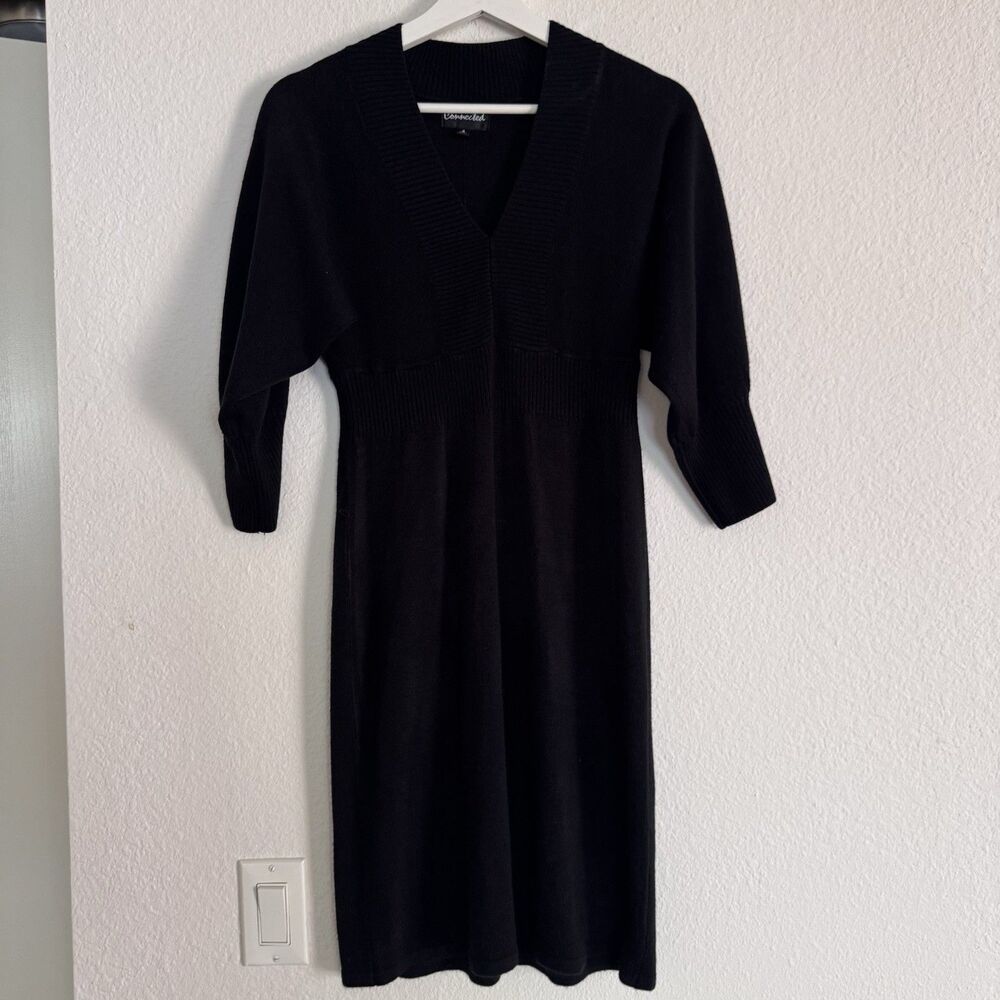 Connected Winter Sweater Dress Sz S Black 3/4 Bell Sleeve Stretch Minimalist - Picture 10 of 10
